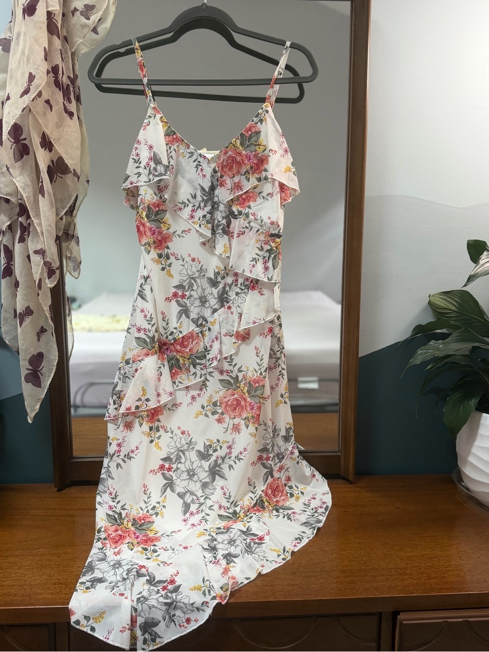 White Floral Ruffle Asymmetrical Slip Dress NWOT- Never worn
